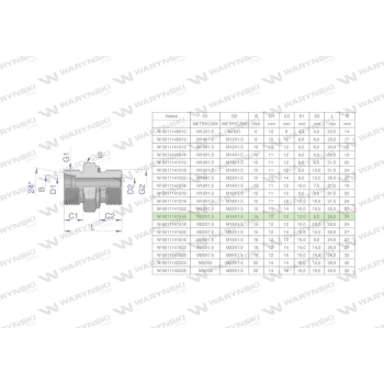 Przyłączka hydrauliczna metryczna BB  M22x1.5 15L x M16x1.5 ED Waryński