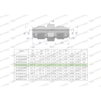 Złączka hydrauliczna redukcyjna calowa BB 9/16" x 3/4" UNF  Waryński