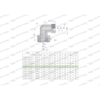 Kolanko hydrauliczne metryczne AB M22x1.5 15L  Waryński-102727