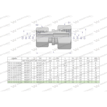 Złączka hydrauliczna metryczna AA M26x1.5 18L x M22x1.5 15L Waryński
