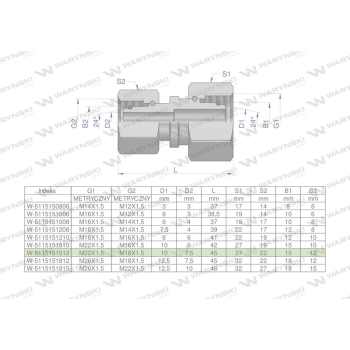 Złączka hydrauliczna metryczna AA M22x1.5 15L x M18x1.5 12L Waryński