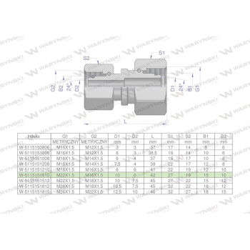 Złączka hydrauliczna metryczna AA M22x1.5 15L x M16x1.5 10L Waryński