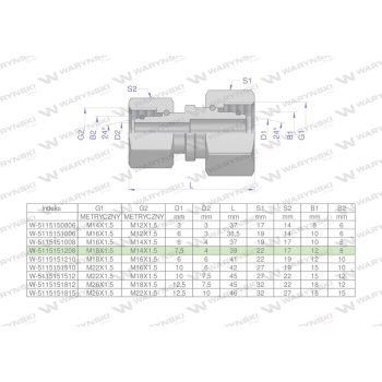 Złączka hydrauliczna metryczna AA M18x1.5 12L x M14x1.5 08L Waryński