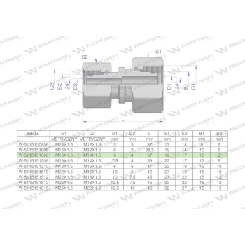 Złączka hydrauliczna metryczna AA M16x1.5 10L x M14x1.5 08L Waryński