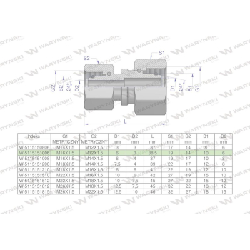 Złączka hydrauliczna metryczna AA M16x1.5 10L x M12x1.5 06L Waryński