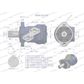 Silnik hydrauliczny orbitalny WMR 25 cm3/obr z wałkiem fi 32mm (100 bar / max.200 bar) Waryński-106188