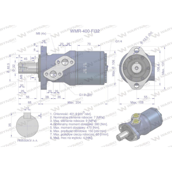 Silnik hydrauliczny orbitalny WMR 400 cm3/obr z wałkiem fi 32mm (70 bar / max.110 bar) Waryński-106205