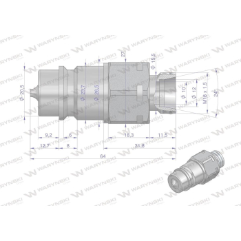Szybkozłącze hydrauliczne wtyczka M18x1.5 gwint zewnętrzny EURO (9100818W) (ISO 7241-A) Waryński-10745