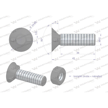 Śruba kpl. płużna dwunoskowa większy łeb M12x45 mm kl.12.9 Waryński-109338