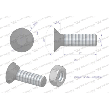 Śruba kpl. płużna dwunoskowa większy łeb M10x35 mm kl.10.9 Waryński-109344