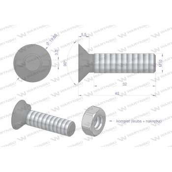 Śruba kpl. płużna dwunoskowa większy łeb M10x40 mm kl.10.9 Waryński-109347