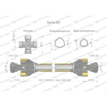 Wał przegubowo-teleskopowy 1010-1500mm 620Nm Z21 z dwóch stron CE 2020 seria 5R Waryński-109614