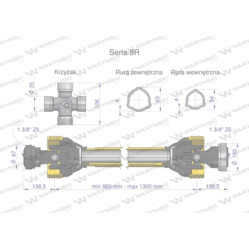 Wał przegubowo-teleskopowy 860-1300mm 1240Nm Z6 - 1 3/4 CE 2020 seria 8R Waryński-109616