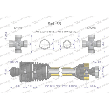 Wał przegubowo-teleskopowy 1210-1880mm 830Nm szerokokątny z drugiej stron Z6 - 1 3/4 CE 2020 seria 6R Waryński-109707