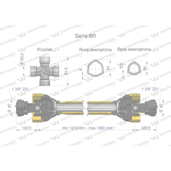 Wał przegubowo-teleskopowy 1210-1880mm 830Nm Z21 z dwóch stron CE 2020 seria 6R Waryński-109716