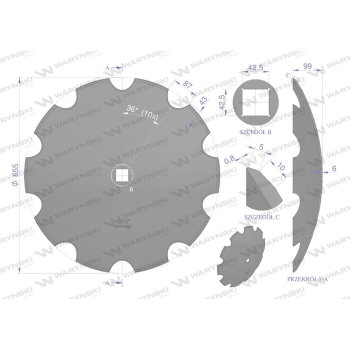 Talerz uzębiony Z-10 fi 660 otwór 40x40 grubość 6mm stal borowa WARYŃSKI R-110517