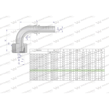 Zakucie hydrauliczne DKL90 DN10 12L M18x1.5 PREMIUM Waryński-113271
