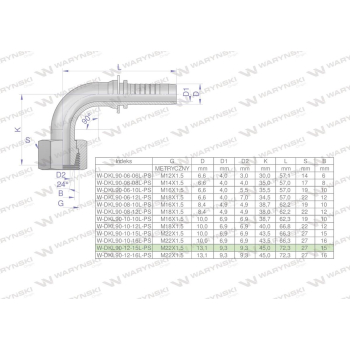 Zakucie hydrauliczne DKL90 DN13 15L M22x1.5 PREMIUM Waryński-113283