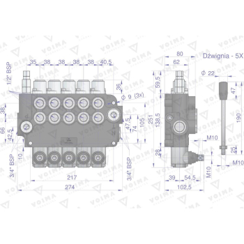 Rozdzielacz hydrauliczny 5-sekcyjny 80L VOIMA-113567