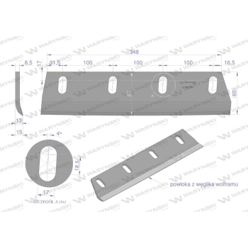 Nóż sieczkarni napawany prawy do trawy 380x90x8.5R otwory 4x35mm zastosowanie Claas Jaguar 9846710 WARYŃSKI-114671