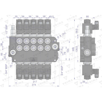 Rozdzielacz hydrauliczny 5-sekcyjny sterowany elektrycznie 12V 80L VOIMA-115186