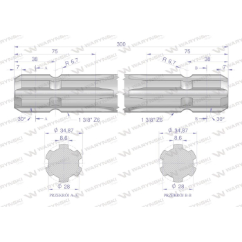 Wałek, WOM frezowany dwustronnie 300mm Z6 - 1 3/8, Waryński-115954