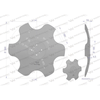 Talerz, skrajny lewy fi 560 mocowanie 4/98 grubość 4,5 mm stal borowa, Waryński-116301