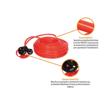Przedłużacz jednogniazdowy, ogrodowy PROFESSIONAL, 3X1,5mm, IP20, H05VV-F, z uziemieniem, cert. CE / 20M, Teger-116924