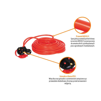 Przedłużacz jednogniazdowy, ogrodowy PROFESSIONAL, 3X1,5mm, IP20, H05VV-F, z uziemieniem, cert. CE / 10M, Teger-116927