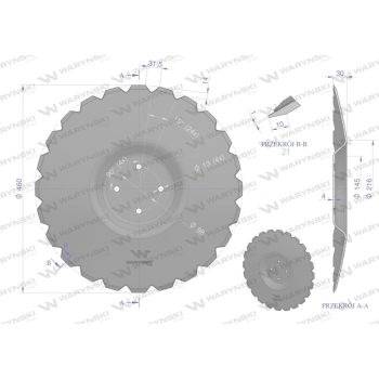Talerz, uzębiony Z-24 fi 460 mocowanie 4/98 grubość 3,5 mm przetłoczony stal borowa, Unia Ares 1680130040, Waryński
