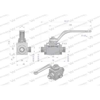 Zawór kulowy hydrauliczny 3-drogowy 3/2 M18x1.5 12L z otworami mocującymi 500 bar Waryński-12552
