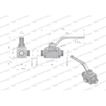 Zawór kulowy hydrauliczny 3-drogowy 3/2 M22x1.5 15L z otworami mocującymi 500 bar Waryński-12557