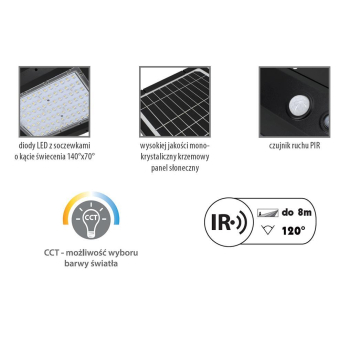 Solarna lampa. oprawa uliczna LED SOLGER 20W 3000LM ZMIENNA BARWA ŚWIATŁA 3000K, 4000K, 6000K IP65 z czujnikiem ruchu-