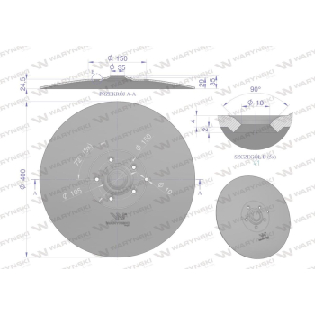 Talerz tarcza redlicy fi 400mm, mocowanie 5 / 105mm grubość 4mm, zastosowanie Amazone 961301, Waryński-132900