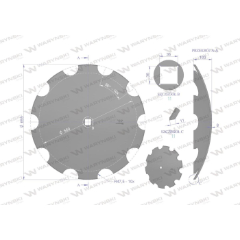 Talerz uzębiony Z-10 fi 660 otwór 35x35 stal borowa 8mm Waryński-13583