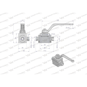 Zawór kulowy hydrauliczny 3-drogowy 3/2 M16x1.5 10L z otworami mocującymi 500 bar Waryński-18089