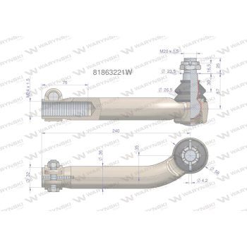 Przegub kierowniczy prawy M24x1.5L 81863221 WARYŃSKI-20386