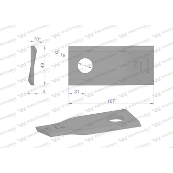 Nóż. nożyk kosiarka prawy 107x50x4mm otwór 19 zastosowanie 570684 Niemeyerl WARYŃSKI-21100