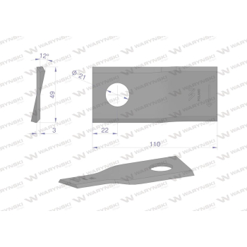 Nóż. nożyk kosiarka prawy 110x48x3mm otwór 21 zastosowanie 1058730 Claas WARYŃSKI-21214