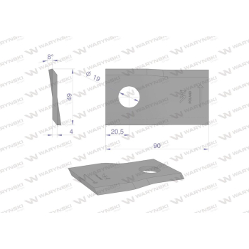 Nóż. nożyk kosiarka lewy 90x48x4mm otwór 19 zastosowanie 1448251 Krone WARYŃSKI-21228