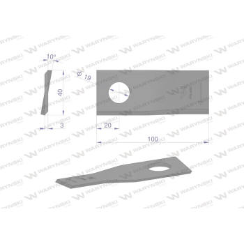 Nóż. nożyk kosiarka prawy 100x40x3mm otwór 19 zastosowanie 580290955 BCS Sipma WARYŃSKI-21262