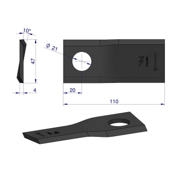 Nóż. nożyk kosiarka prawy 110X48X4mm otwór 21 zastosowanie RF 110/4 Famarol WARYŃSKI-21338