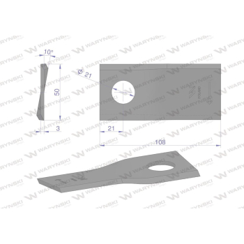 Nóż. nożyk kosiarka prawy 108X50X3mm otwór 21 zastosowanie RF 108/3 Famarol WARYŃSKI-21426