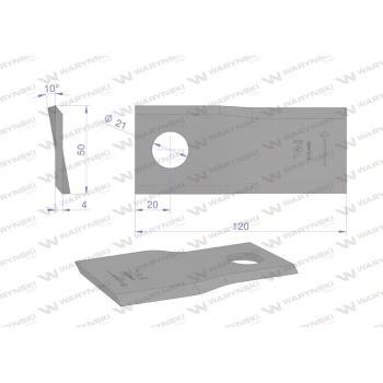 Nóż. nożyk kosiarka lewy 120X50X4mm otwór 21 zastosowanie RF 120/4 Pronar WARYŃSKI-21448