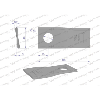 Nóż. nożyk kosiarka lewy 100X40X3mm otwór 19 zastosowanie RS 100/3 Sipma WARYŃSKI-21466