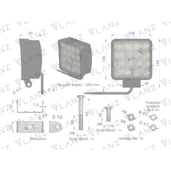 Lampa robocza kwadratowa 48W 16 LED GLANZ-21802