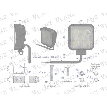 Lampa robocza kwadratowa mini 15W 5 LED GLANZ-21822