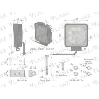 Lampa robocza kwadratowa 27W 9 LED GLANZ-22970