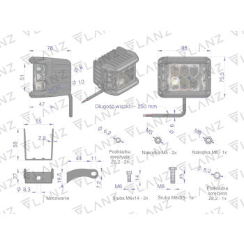 Lampa robocza kwadratowa szerokokątna 48W 12LED GLANZ-23457