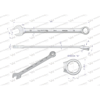 Klucz płaskooczkowy extra długi 19mm dł 281mm standard ASME B107.9M  Waryński-23540